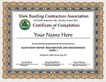 Slate Roof Repair Course Certificate of Completion